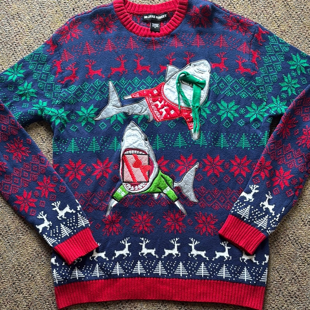 99 Jane Street Holiday Sweater. Sharks eat presents!